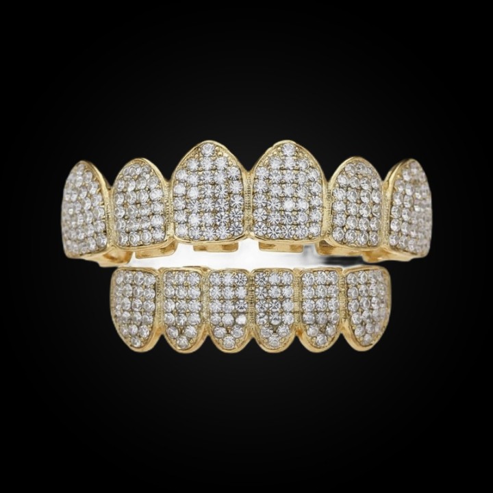 Grillz komplett Gold - abgerundete Zähne mit Kristallpavé, oben und unten