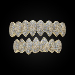 Grillz completo oro - denti appuntiti e bordo perlato, sopra e sotto