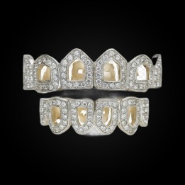 Grillz open face plata y oro con cristales - superior e inferior