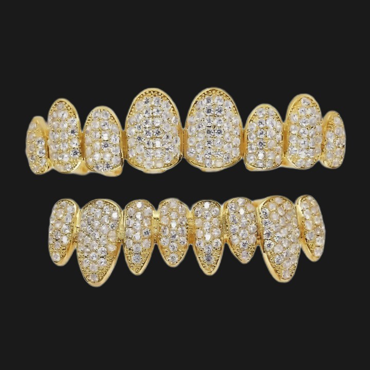 Grillz full gold - long teeth with beaded edge, top and bottom