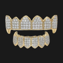 Grillz full gold - pointed fangs paved with crystals, top and bottom