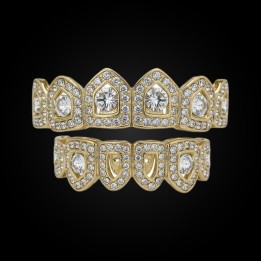 Grillz full gold - crown design with solitaire crystals, top and bottom