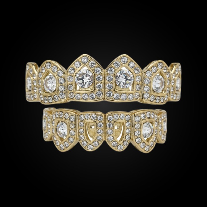 Grillz full gold - crown design with solitaire crystals, top and bottom