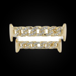 Grillz oro maglia cubana con cristalli - sopra e sotto