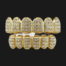 Grillz full gold - rows of large crystals, top and bottom