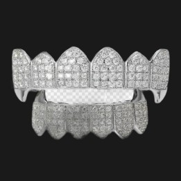 Grillz complet argent - crocs pointus pavés de cristaux, haut et bas