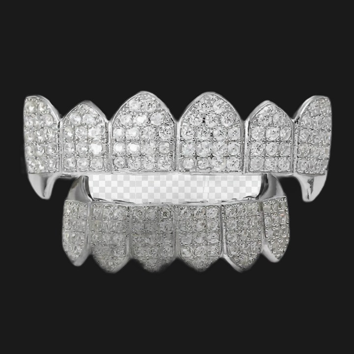 Grillz completo argento - zanne appuntite con pavé di cristalli, sopra e sotto