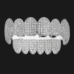 Grillz full silver - pointed teeth paved with crystals, top and bottom
