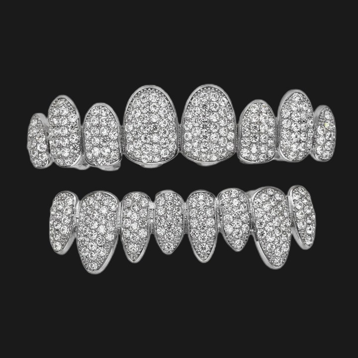 Grillz completo argento - denti separati con cristalli grandi, sopra e sotto