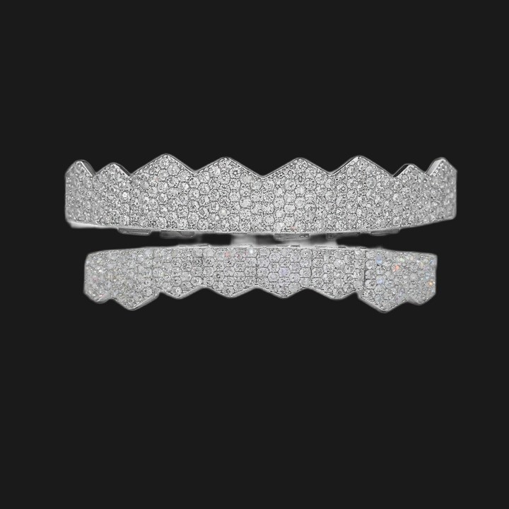 Grillz full silver - scalloped micro-paved band, top and bottom