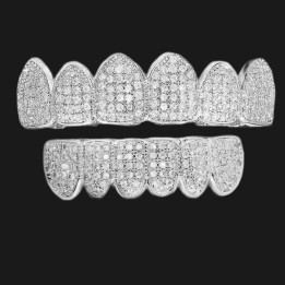 Grillz full silver - long rounded teeth paved with crystals, top and bottom