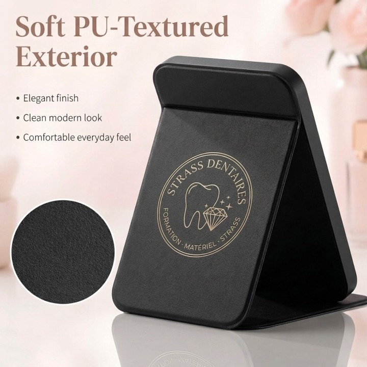 Miroir lumineux LED pliable noir - logo Strass Dentaires - pose strass dentaire