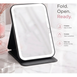 Miroir lumineux LED pliable noir - logo Strass Dentaires - pose strass dentaire