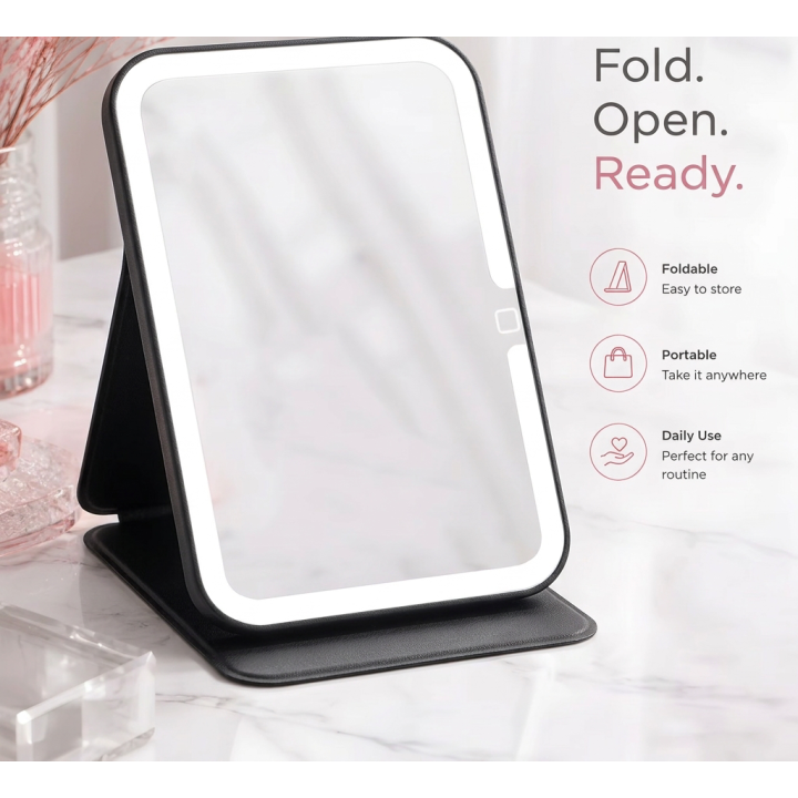 Miroir lumineux LED pliable noir - logo Strass Dentaires - pose strass dentaire