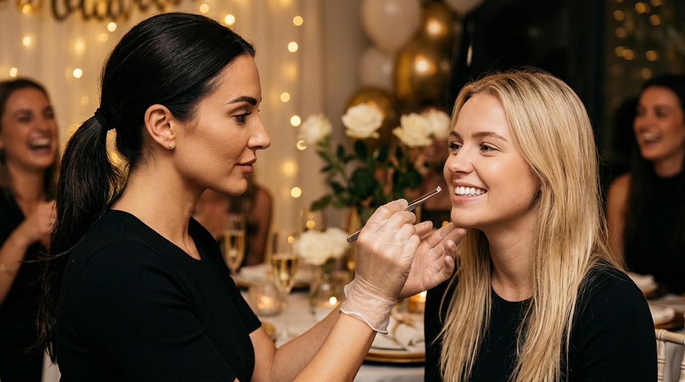 Prestations événementielles pour poseuse de strass dentaire : mariage, EVJF, anniversaire (guide 2026)